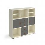 Universal cube storage unit 1295mm high on glides with 2 matching shelves and 2 cupboards and 2 sets of drawers - white with grey inserts
