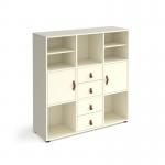 Universal cube storage unit 1295mm high on glides with 2 matching shelves and 2 cupboards and 2 sets of drawers - white with white inserts
