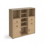 Universal cube storage unit 1295mm high on glides with 2 matching shelves and 2 sets of drawers and 2 cupboards - oak with oak inserts