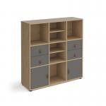 Universal cube storage unit 1295mm high on glides with 2 matching shelves and 2 sets of drawers and 2 cupboards - oak with grey inserts