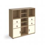 Universal cube storage unit 1295mm high on glides with 2 matching shelves and 2 sets of drawers and 2 cupboards - oak with white inserts