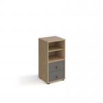 Universal cube storage unit 875mm high on glides with matching shelf and drawers - oak with grey inserts