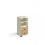 Universal cube storage unit 875mm high on glides with matching shelf and drawers - white with oak inserts