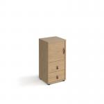 Universal cube storage unit 875mm high on glides with cupboard and drawers - oak with oak inserts