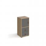 Universal cube storage unit 875mm high on glides with cupboard and drawers - oak with grey inserts