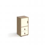 Universal cube storage unit 875mm high on glides with cupboard and drawers - oak with white inserts