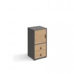 Universal cube storage unit 875mm high on glides with cupboard and drawers - grey with oak inserts