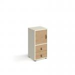 Universal cube storage unit 875mm high on glides with cupboard and drawers - white with oak inserts