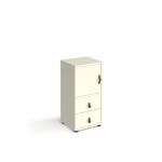 Universal cube storage unit 875mm high on glides with cupboard and drawers - white with white inserts