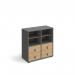 Universal cube storage unit 875mm high on glides with 2 matching shelves and 2 sets of drawers - grey with oak inserts CUBE-BUNDLE-3-OG-KO