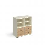 Universal cube storage unit 875mm high on glides with 2 matching shelves and 2 sets of drawers - white with oak inserts