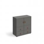 This photograph features a modern cube storage unit with a height of 875mm, equipped with 2 cupboards and 2 sets of drawers. The unit is in a sleek grey color with grey inserts and is mounted on glides for convenient movement.