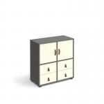 The picture features a sleek grey cube storage unit, standing 875mm tall and equipped with gliding wheels for easy manoeuvrability. It includes 2 cupboards and 2 sets of drawers, with white accents for a modern touch. Perfect for organizing and decluttering any living space.