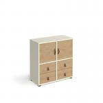Universal cube storage unit 875mm high on glides with 2 cupboards and 2 sets of drawers - white with oak inserts CUBE-BUNDLE-4-WH-KO