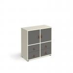 This photo shows a sleek and modern cube storage unit, standing at 875mm tall and equipped with glides for easy mobility. The unit has 2 cupboards and 2 sets of drawers, all in a clean white color with grey inserts. Its universal design makes it versatile and functional for any room.
