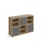 Universal cube storage unit 875mm high on glides with 3 matching shelves and cupboard and 2 sets of drawers - oak with grey inserts