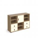 Universal cube storage unit 875mm high on glides with 3 matching shelves and cupboard and 2 sets of drawers - oak with white inserts