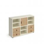 Universal cube storage unit 875mm high on glides with 3 matching shelves and cupboard and 2 sets of drawers - white with oak inserts