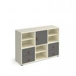 Universal cube storage unit 875mm high on glides with 3 matching shelves and cupboard and 2 sets of drawers - white with grey inserts