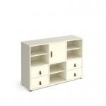 Universal cube storage unit 875mm high on glides with 3 matching shelves and cupboard and 2 sets of drawers - white with white inserts