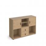 Universal cube storage unit 875mm high on glides with matching shelf and 2 cupboards and drawers - oak with oak inserts