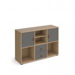 Universal cube storage unit 875mm high on glides with matching shelf and 2 cupboards and drawers - oak with grey inserts
