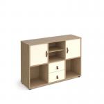 Universal cube storage unit 875mm high on glides with matching shelf and 2 cupboards and drawers - oak with white inserts