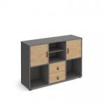 Universal cube storage unit 875mm high on glides with matching shelf and 2 cupboards and drawers - grey with oak inserts