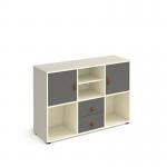 Universal cube storage unit 875mm high on glides with matching shelf and 2 cupboards and drawers - white with grey inserts
