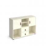 Universal cube storage unit 875mm high on glides with matching shelf and 2 cupboards and drawers - white with white inserts