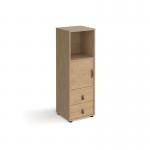 Universal cube storage unit 1295mm high on glides with cupboard and drawers - oak with oak inserts