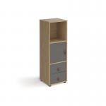 Universal cube storage unit 1295mm high on glides with cupboard and drawers - oak with grey inserts