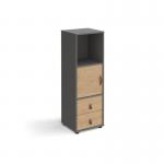 Universal cube storage unit 1295mm high on glides with cupboard and drawers - grey with oak inserts