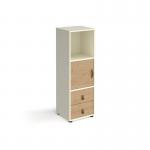 Universal cube storage unit 1295mm high on glides with cupboard and drawers - white with oak inserts