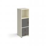 Universal cube storage unit 1295mm high on glides with cupboard and drawers - white with grey inserts
