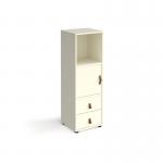 Universal cube storage unit 1295mm high on glides with cupboard and drawers - white with white inserts