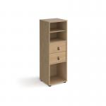 Universal cube storage unit 1295mm high on glides with matching shelf and drawers - oak with oak inserts