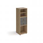 Universal cube storage unit 1295mm high on glides with matching shelf and drawers - oak with grey inserts