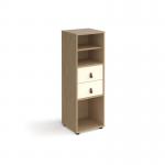Universal cube storage unit 1295mm high on glides with matching shelf and drawers - oak with white inserts