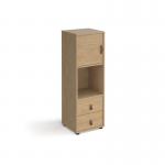 Universal cube storage unit 1295mm high on glides with drawers and cupboard - oak with oak inserts