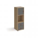 Universal cube storage unit 1295mm high on glides with drawers and cupboard - oak with grey inserts