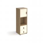 Universal cube storage unit 1295mm high on glides with drawers and cupboard - oak with white inserts