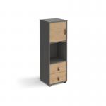 Universal cube storage unit 1295mm high on glides with drawers and cupboard - grey with oak inserts