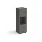 Universal cube storage unit 1295mm high on glides with drawers and cupboard - grey with grey inserts