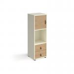 Universal cube storage unit 1295mm high on glides with drawers and cupboard - white with oak inserts
