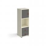 Universal cube storage unit 1295mm high on glides with drawers and cupboard - white with grey inserts