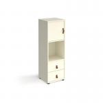 Universal cube storage unit 1295mm high on glides with drawers and cupboard - white with white inserts