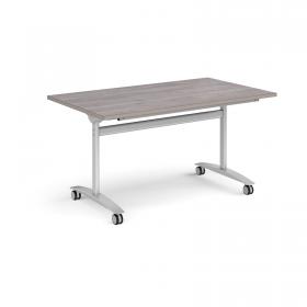 Rectangular deluxe fliptop meeting table with silver frame 1400mm x 800mm - grey oak DFLP14-S-GO