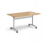 Rectangular deluxe fliptop meeting table with silver frame 1400mm x 800mm - oak