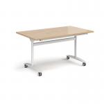 Rectangular deluxe flip top meeting table with white frame 1400mm x 800mm - Kendal oak DFLP14-WH-KO